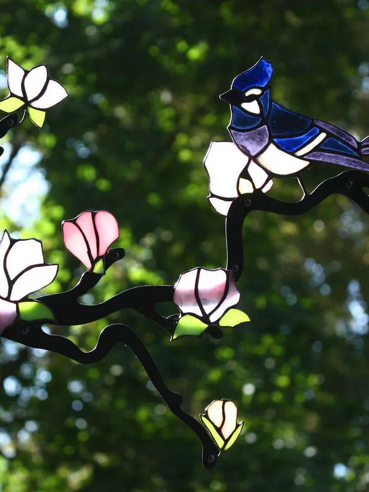 Tiffany Stained Glass: Magnolia Branch with Blue Jays, Tiffany Stained Glass Magnolia Branch with Blue Jays, Magnolia Blossom and Blue Jays, Stained Glass Magnolia Branch and Songbirds,Decorative Tiffany Glass Art: Magnolia Flowers and Birds