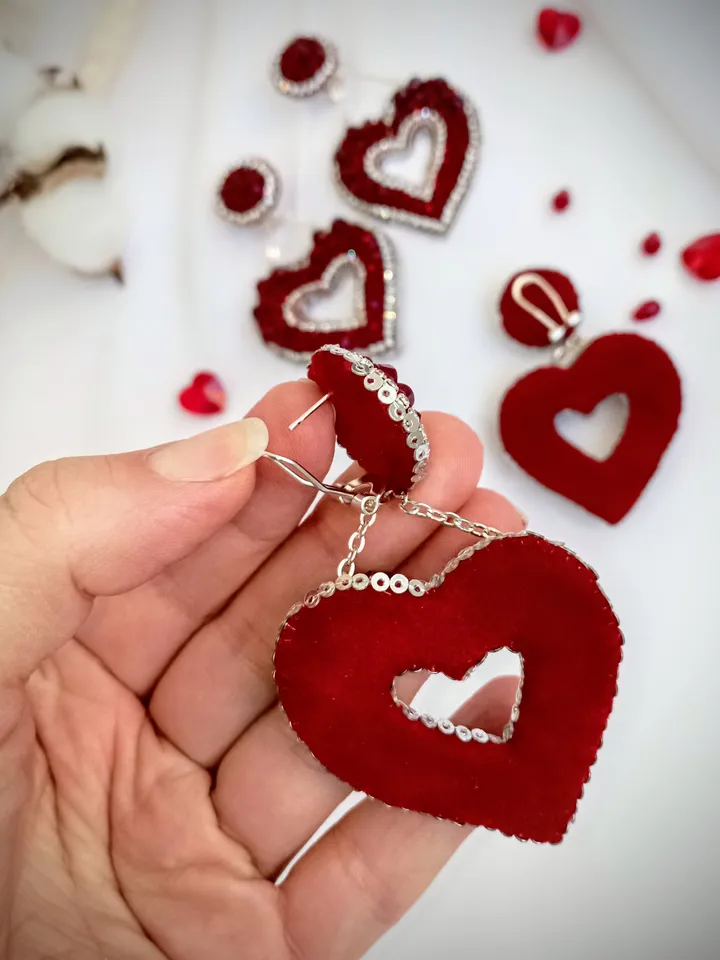 Crystal statement Red heart shaped earrings for women-big love earrings- dangle valentines earrings-heart gift for her