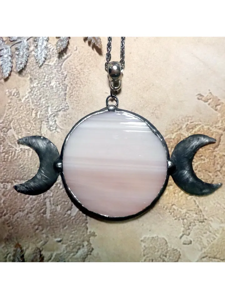 Hecate necklace, Moon Goddess, Stained glass moon, Moon phase necklace, Stainglass pink moon crescent, Full moon pendant