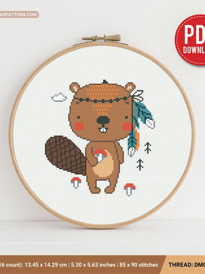 Beaver Boho Style aesthetic cross stitch pattern, baby, animal, boy girl nursery decor, counted, chart, gift DIY, embroidery, instant PDF