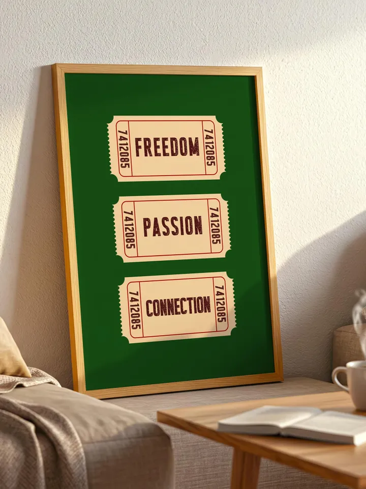 Freedom Passion Connection Ticket Art - Vintage Ticket Printable Wall Art, Personalized and Customizable poster, Digital Download