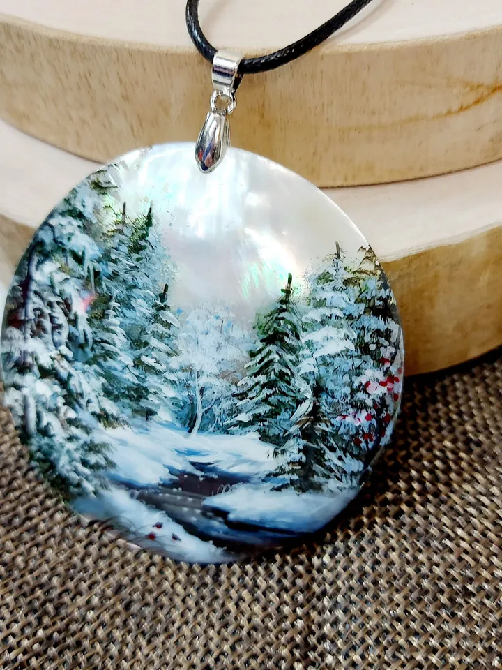 Mother-of-pearl pendant "Winter. River in winter". Miniature on the sink. Hand-painted jewelry. An artistic gift from Fedoskino