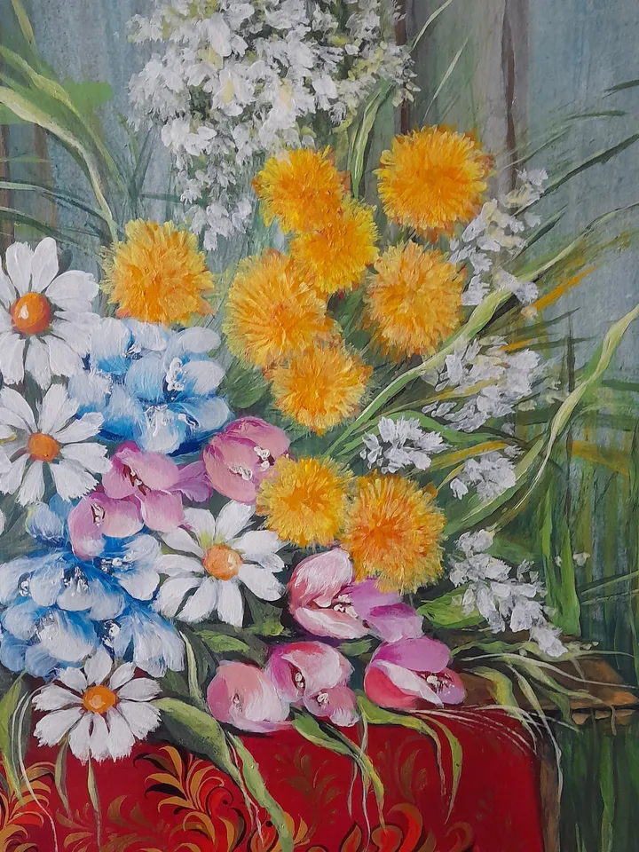 Floral painting folk art, Flowers bouquet painting, Wildflower wall art traditional