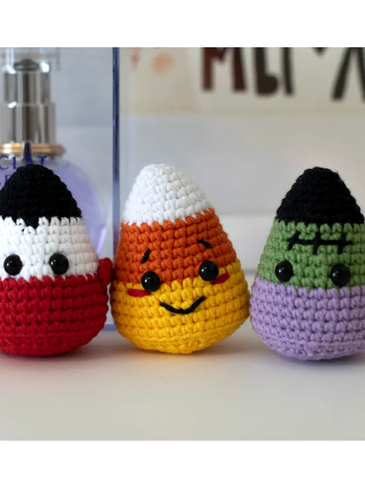 Set miniature candy corn monster toys Halloween sign, creepy cute table decor, basket and bowl fillers for spooky season