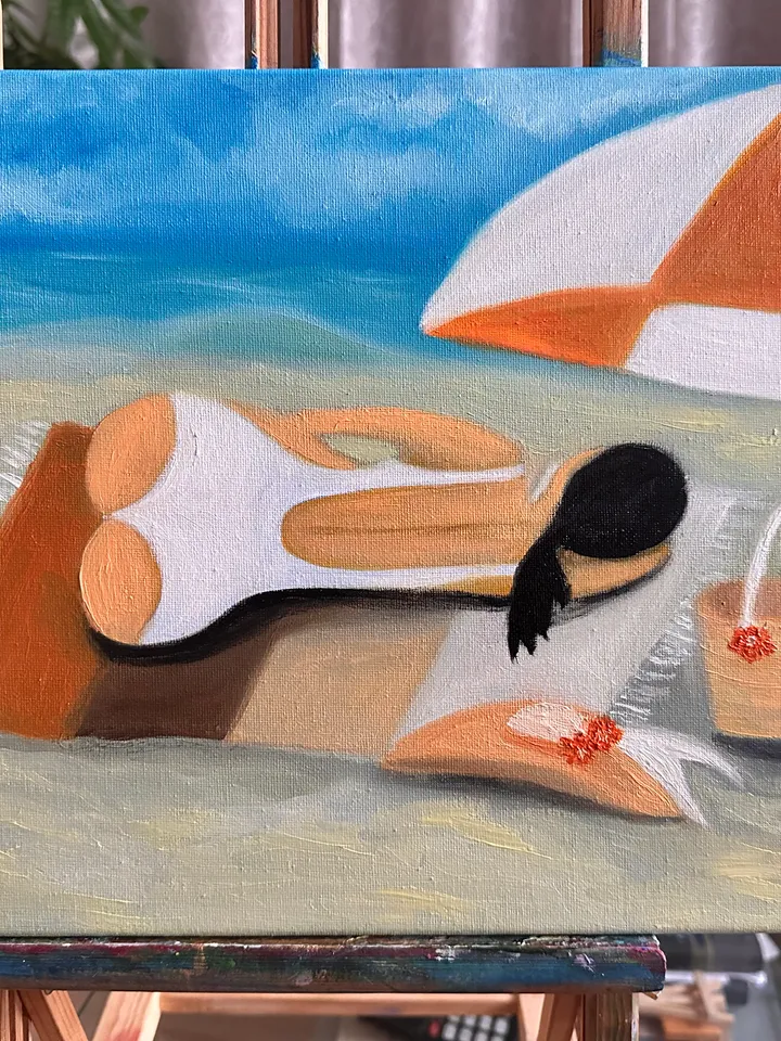 Oil Painting Woman on the Beach Figurative art Women Female Portrait People Seascape Leisure and Travel Stretched Canvas 30 x 40 cm 12 x16 inches Impressionism Modern Art Wall Decor