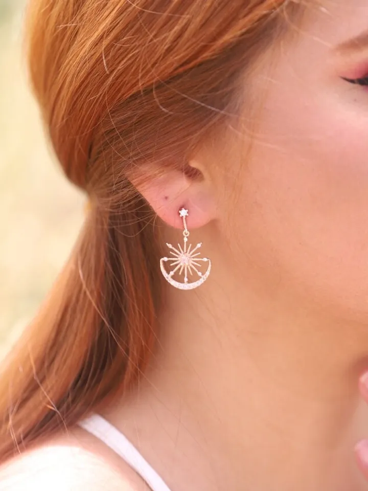 Rose Gold Star Boho Wedding Earrings, Swarovski Crystal Boho Bridal Earrings, Cubic Zirconia Bridal Jewelry, Celestial CZ Wedding Jewelry