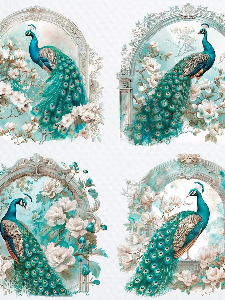 14 Adorable Peacock PNG Bundle, Vintage Peacock Watercolor clipart for sublimation, High Quality PNG, Digital , Paper craft, junk journal
