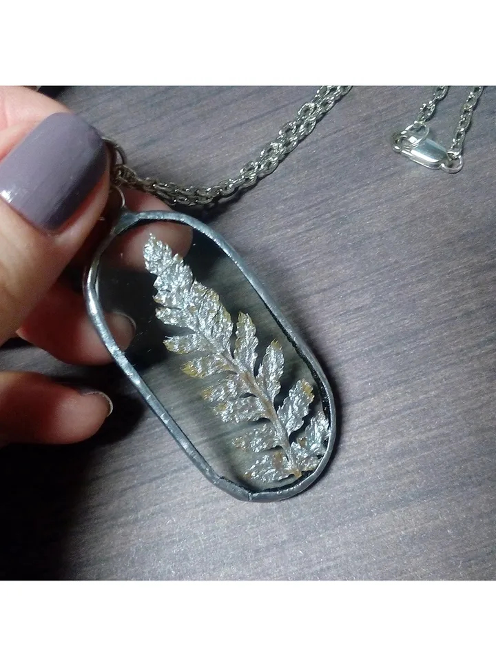 Valentine necklace, Stained glass necklace, pressed fern, Dry fern necklace, Terrarium pendaant