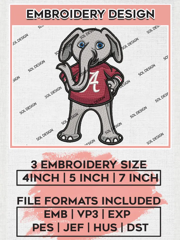 Alabama Crimson Tide Team Mascot Logo Embroidery Design Files, NCAA Alabama Crimson Tide Machine Embroidery, NCAA Teams, 3 sizes, NCAA Machine embroidery designs, Digital Download