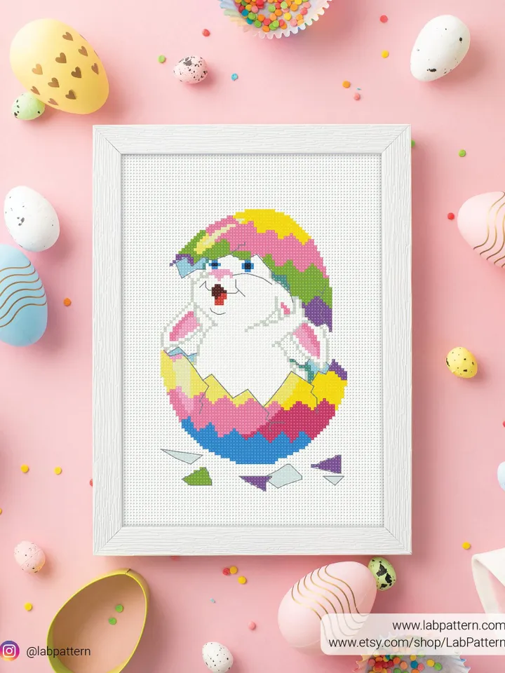 Easter Bunny in Egg Cross stitch pattern, contemporary, Happy Easter, beginner counted, modern chart, gift DIY, embroidery, instant PDF