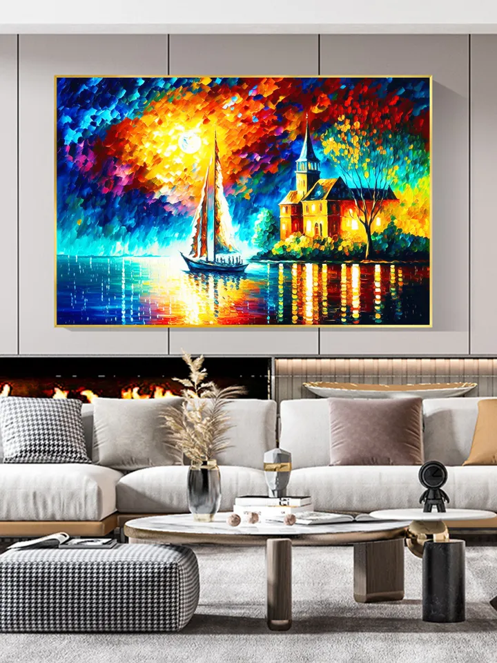 Original Colorful Lake View Oil Painting On Canvas, Abstract Boat Painting, Lakeside Buildings Art, Large Wall Art, Living room Wall Decor
