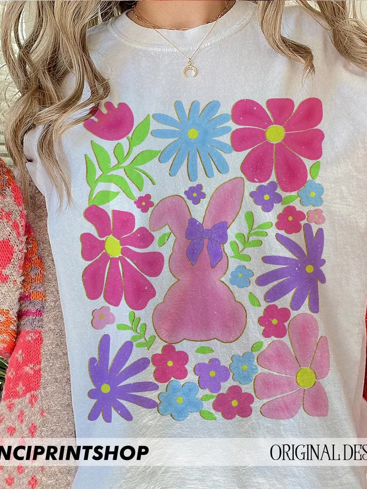 Boho Easter Bunny Png, Boho Floral png, Easter png, Retro Floral Easter Png, Happy Easter png, Bunny Coquette Bow png, Boho Easter png