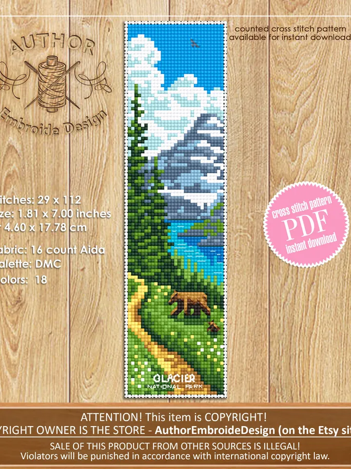 National Park bookmark set cross stitch pattern PDF download Nature cross stitch chart, Digital bookmark pattern PDF, Mountains, Lake #B226