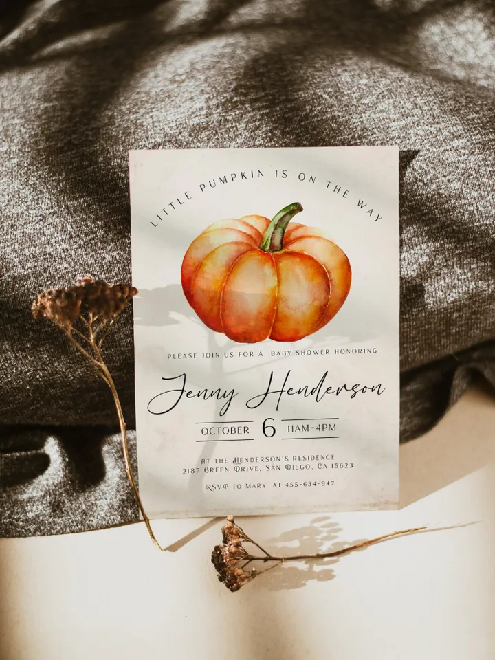 Little Pumpkin is on the way; Editable Autumn Pumpkin Baby Shower Invitation Template Canva; Fall 2022 Autumn Watercolor Pumpkin Invitation