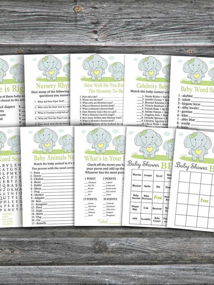 Blue Elephant baby shower games bundle,Elephant theme Baby Shower games package,Fun Baby Shower Games,9 Printable Games