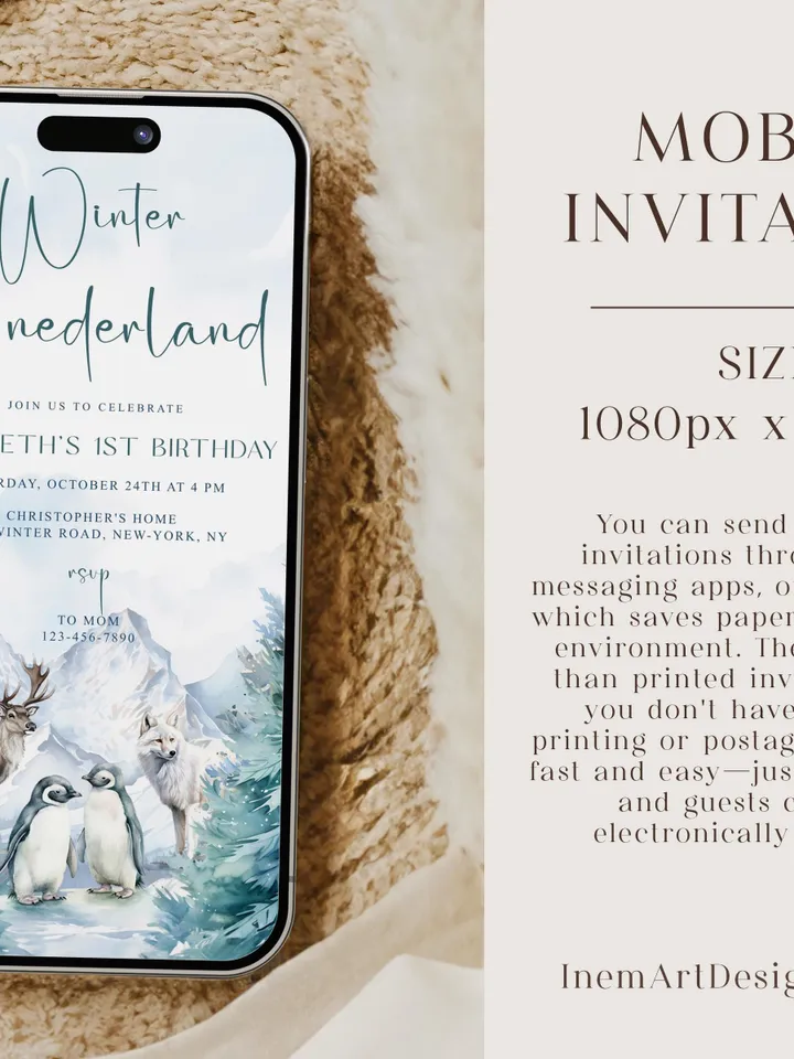 Winter Onederland Invitation | Wonderland Boy Girl First 1st Birthday Party Invite | Deer Arctic Animals Woodland Forest - I124