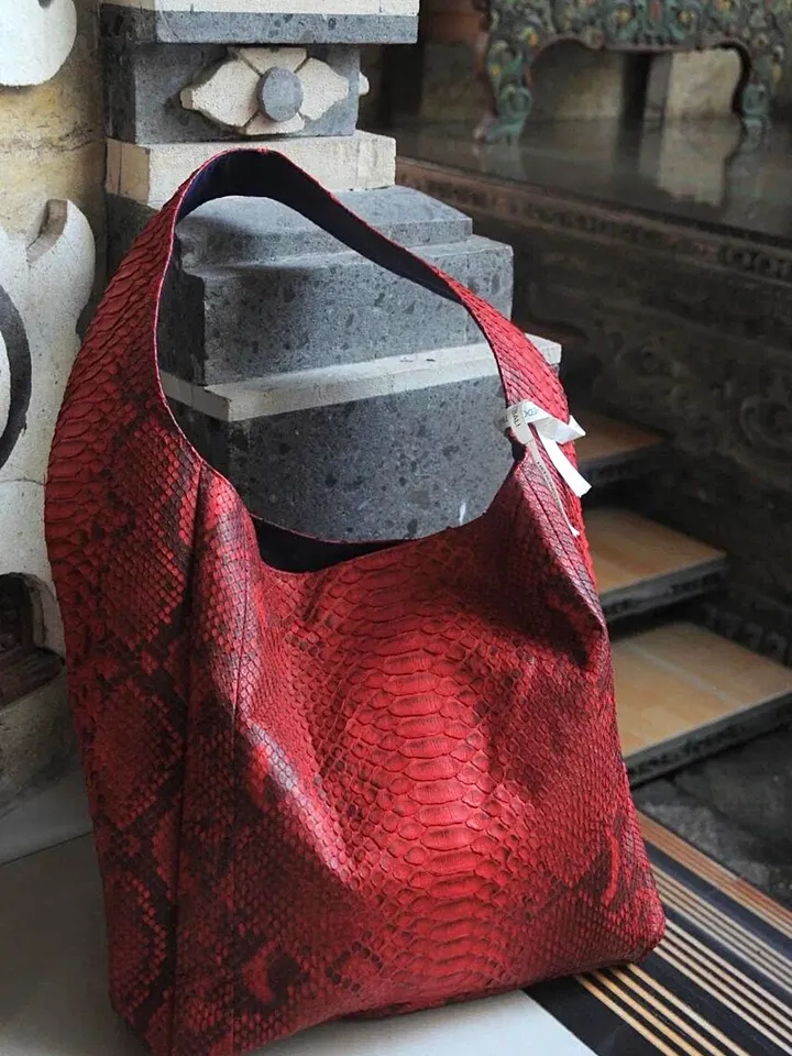 Big Soft Hobo Classy Sport Woman Bag | Purse Genuine Python Skin | Red Riva Elegant Leather Designer Soft Bag Snake | exotic leather purse