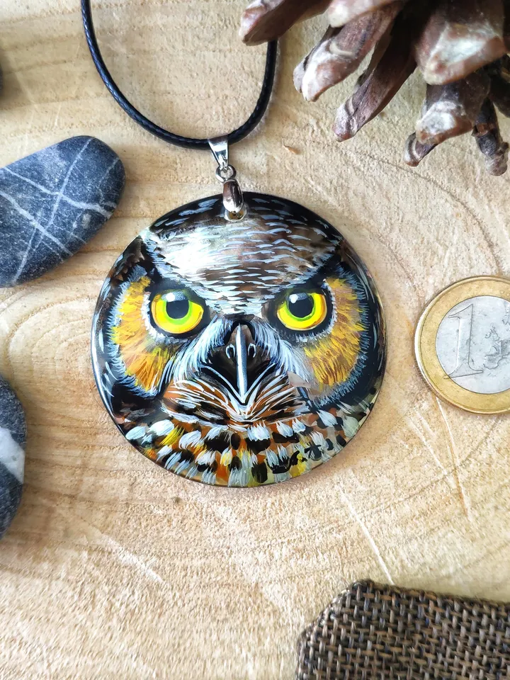 Pearl pendant necklace: Owl Face of Wisdom painted on handmade lacquer jewelry • Stunning animal necklace for nature lover • Sorceress pet