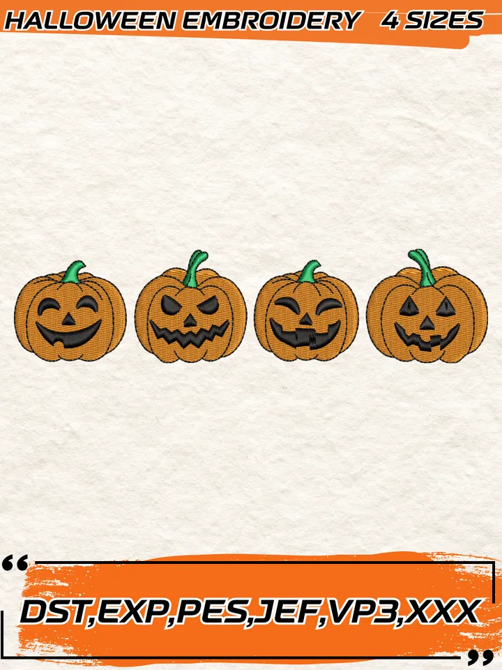 Four Smile PumpkinEmbroidery Design,Halloween Embroidery Design,4 Sizes, Digital Download
