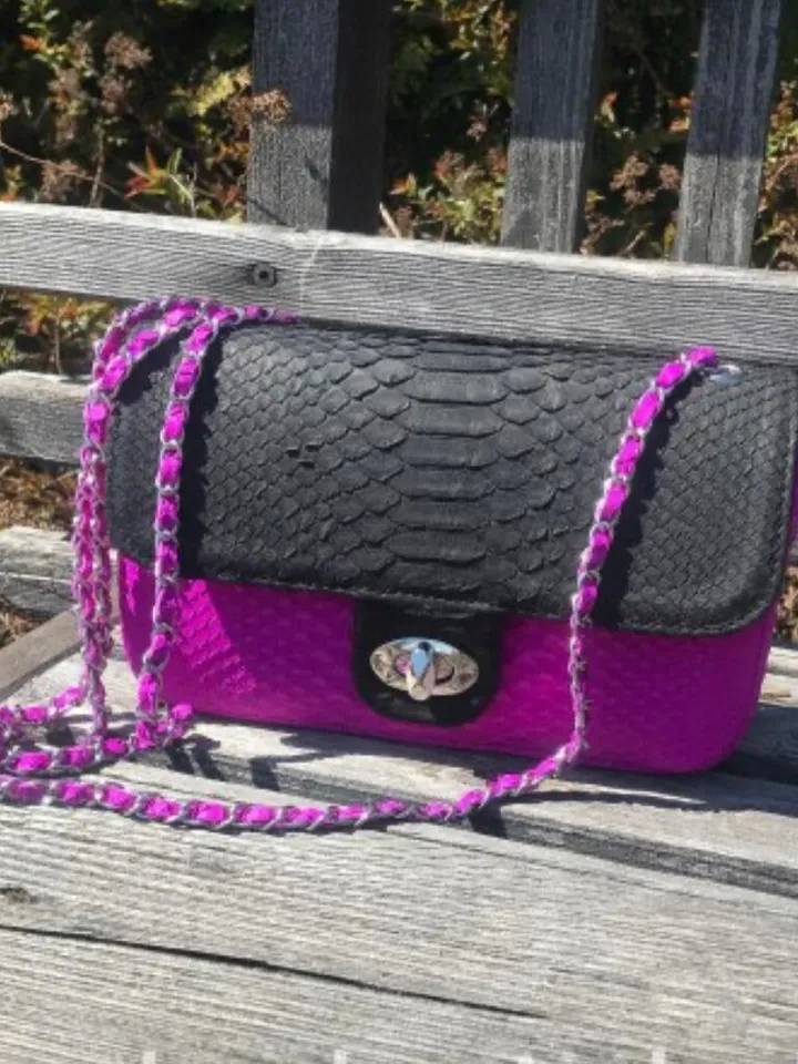 Genuine Python Skin Crossbody Chain Bag | Bright Summer Bag | Elegant Women Bag | Chain Strap Crossbody Black and fuchsia classy Purse