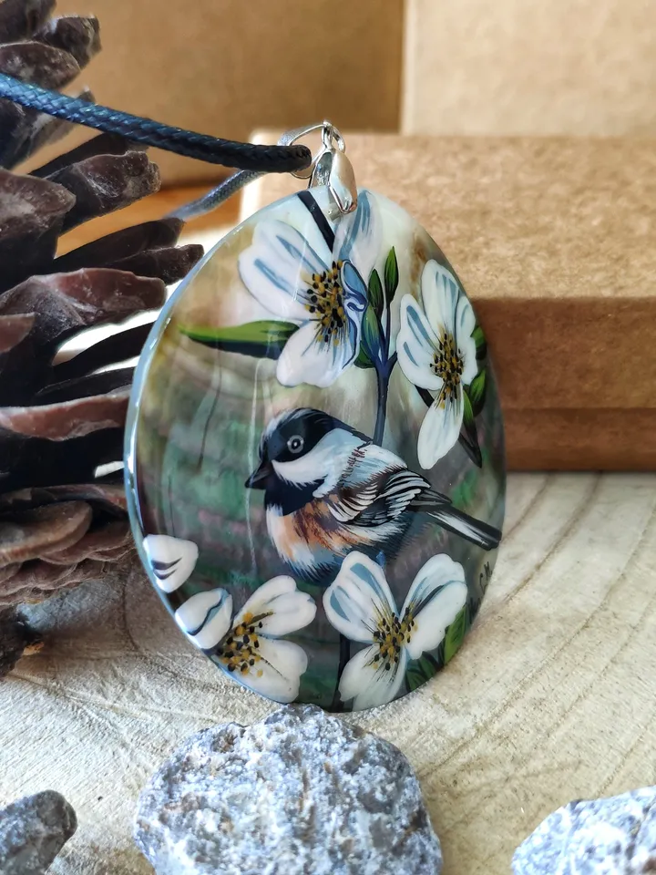 Pearl pendant necklace: Sparrow in wild roses on dainty handmade pendant • Elegant bird and floral necklace • Cute disc necklace for dress
