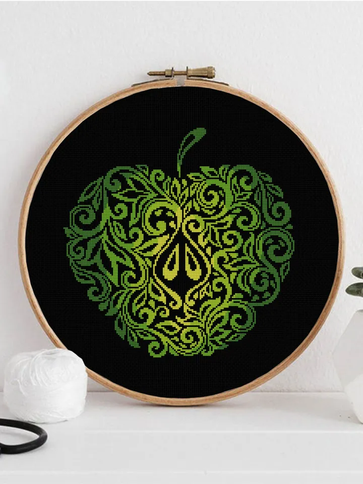 Green apple mandala cross stitch pattern PDF download Fruit cross stitch chart, Apple hand embroidery PDF, Vintage apple ornament #M210