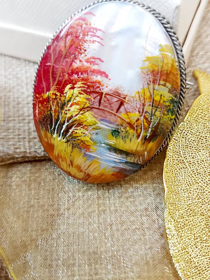 Brooches for women: Fall season in enchanted forest on pearl brooch • Red and orange handmade seashell pin • Dainty bright brooch for dress