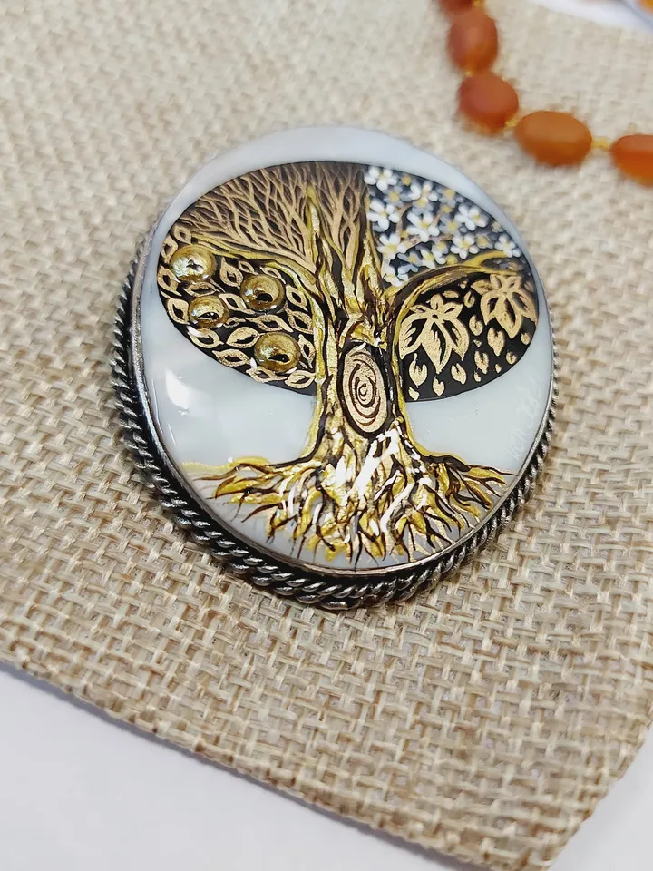 Brooches for women: Tree of life with four seasons on pearl pin • Mother of pearl brooch hand painted in in Klimt style • Dainty brooch