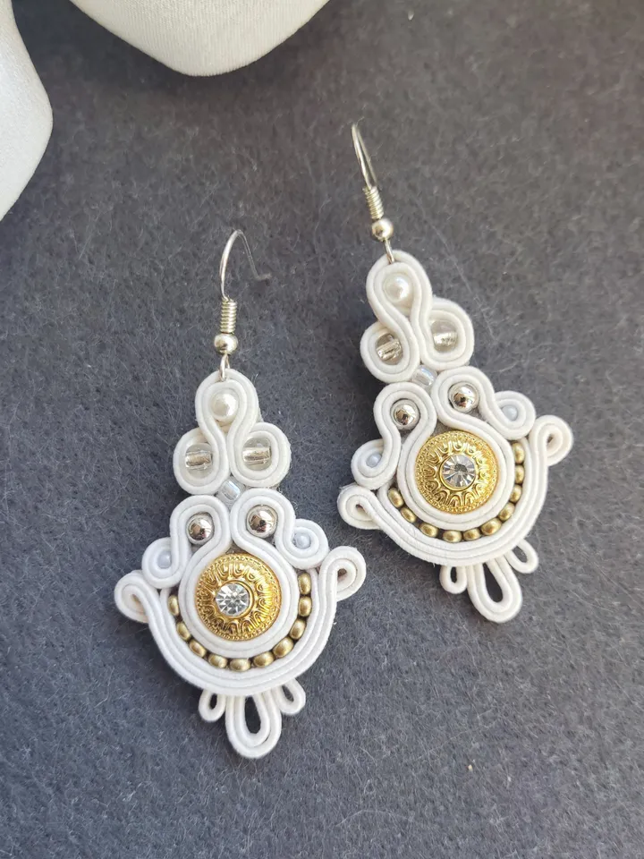 Wedding Earrings, White and Gold Earrings, Bridal jewelry, soutache embroidery