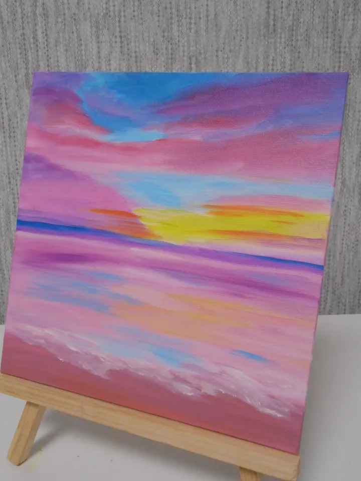 A pink sea sunset. Oil painting.