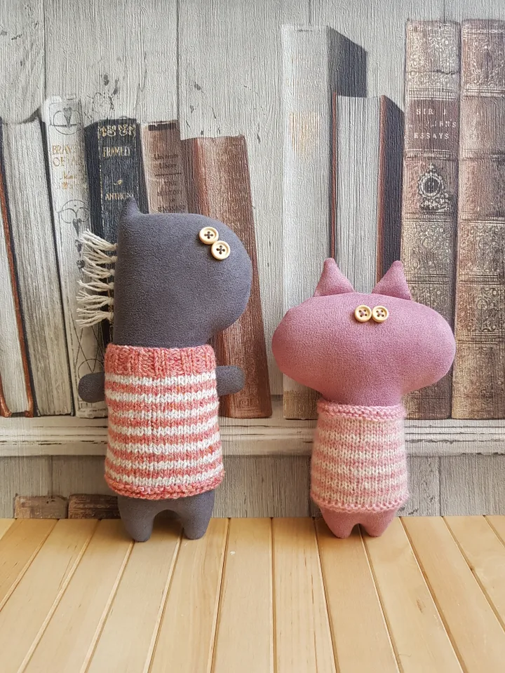Stuffed animals patterns PDF Cat and Rabbit in sweaters, set of 2 tutorials in English for sewing and knitting
