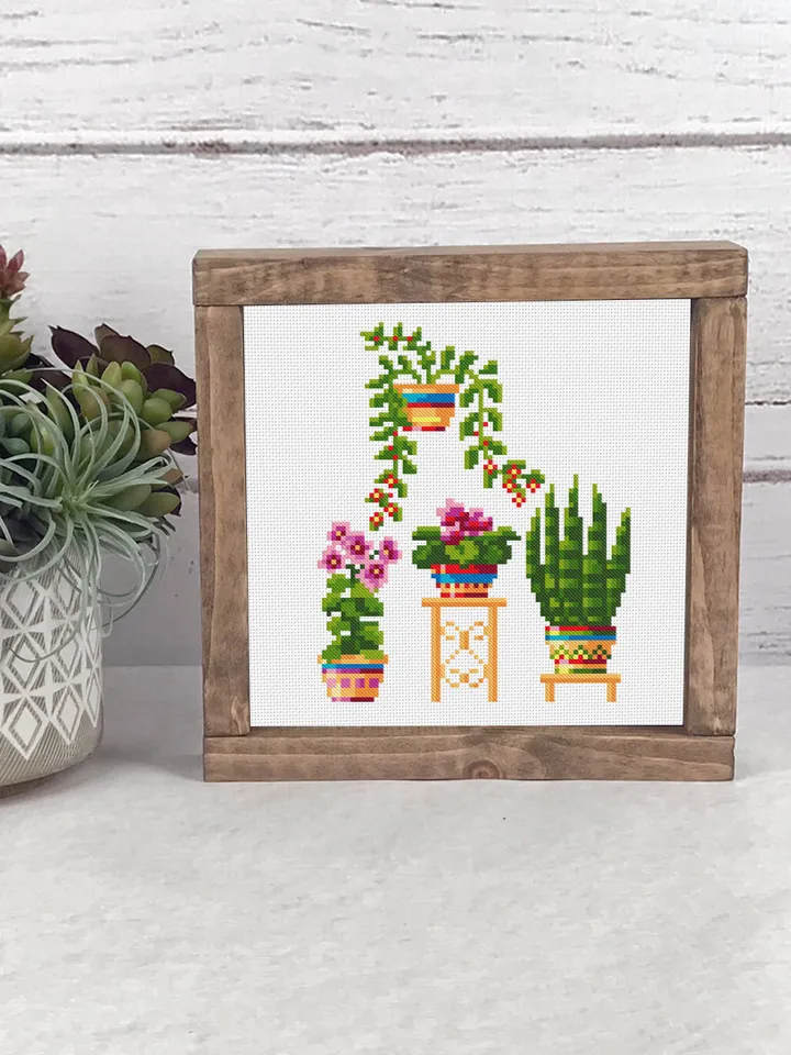 Home plants cross stitch pattern download PDF, Floral cross stitch chart, Small embroidery beginner, Potted plants digital pattern PDF #P6