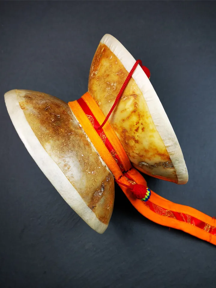 Gandhanra Handmade Tibetan Tantric Buddhist Ritual Implement,Kapala Chod Drum,Kapala Damaru,Religious Ceremonial,5.5" × 4.7" × 3.6"