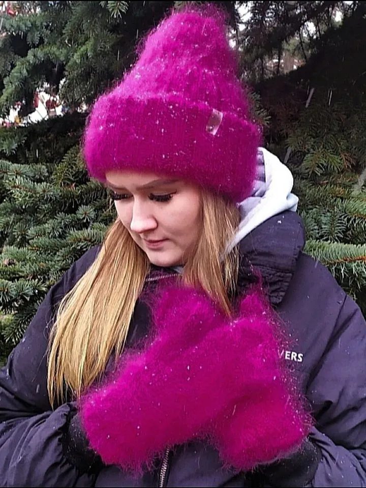 Warm fluffy winter hat and mittens