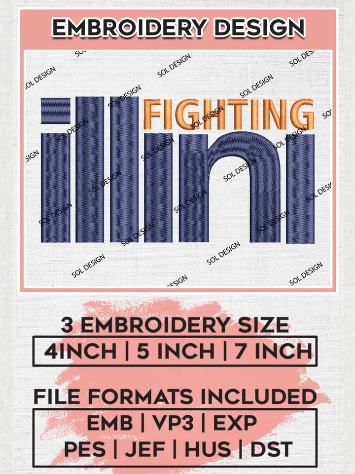 NCAA Fighting Illini Team Word Logo Embroidery Design Files, NCAA Illinois Fighting Illini Machine Embroidery, NCAA Teams, Game Day, 3 sizes, NCAA Machine embroidery designs, Digital Download