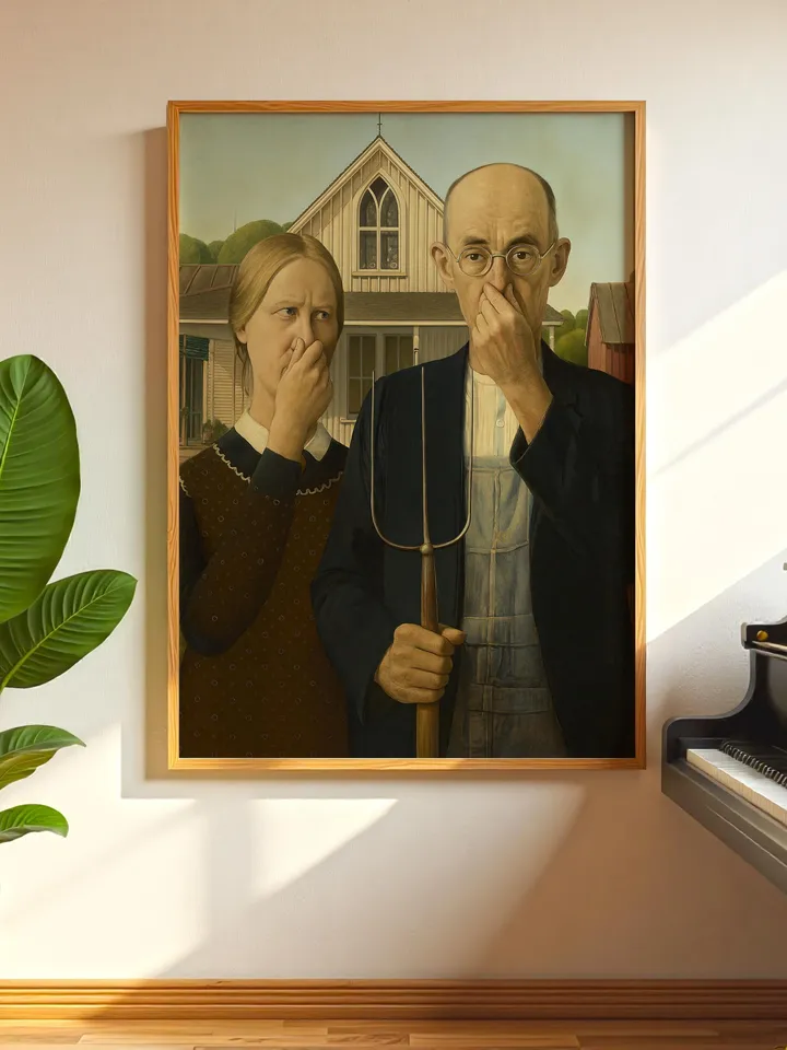 Funny American Gothic Bathroom Art Print Poster Altered Vintage Surreal Eclectic Prank Gift Maximalist Wall Decor Humor Digital Download