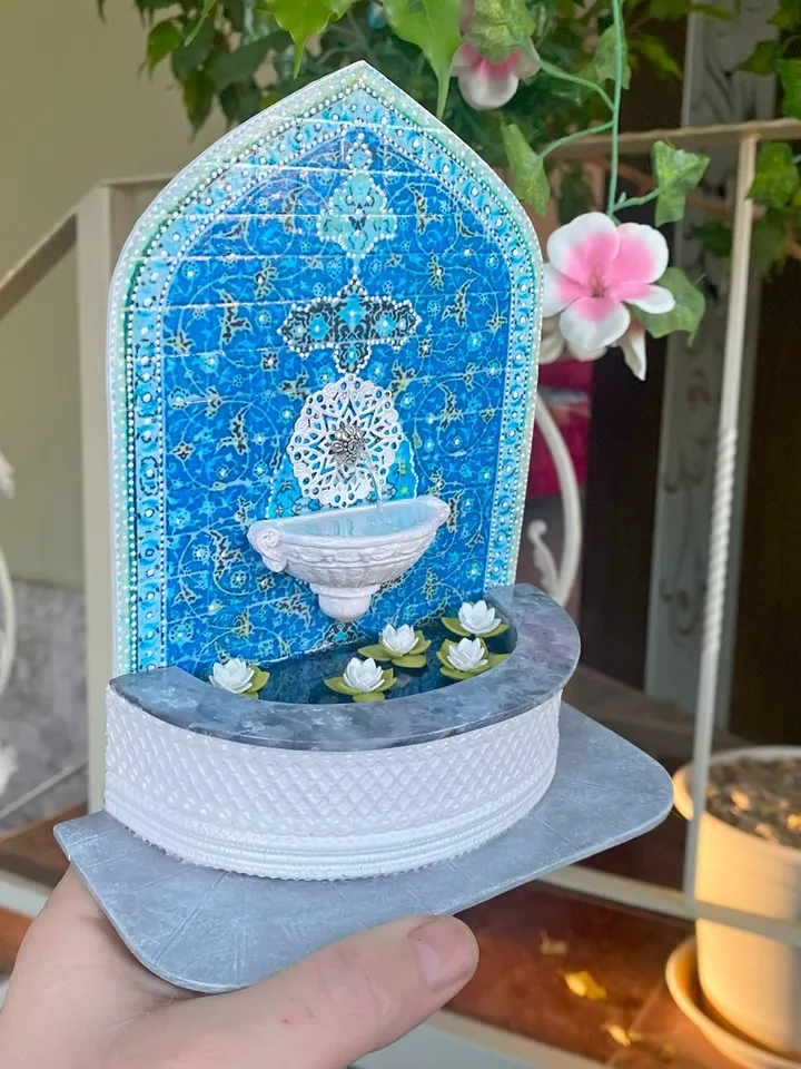 Wall fountain with lotuses. Dollhouse miniature. 1:12.