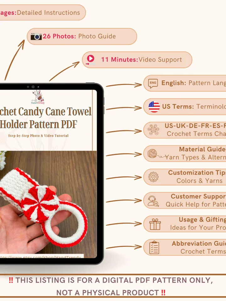 Crochet Candy Cane Towel Holder Pattern PDF, Christmas Kitchen Decor Tutorial, Festive Holiday Crochet Project for Beginners