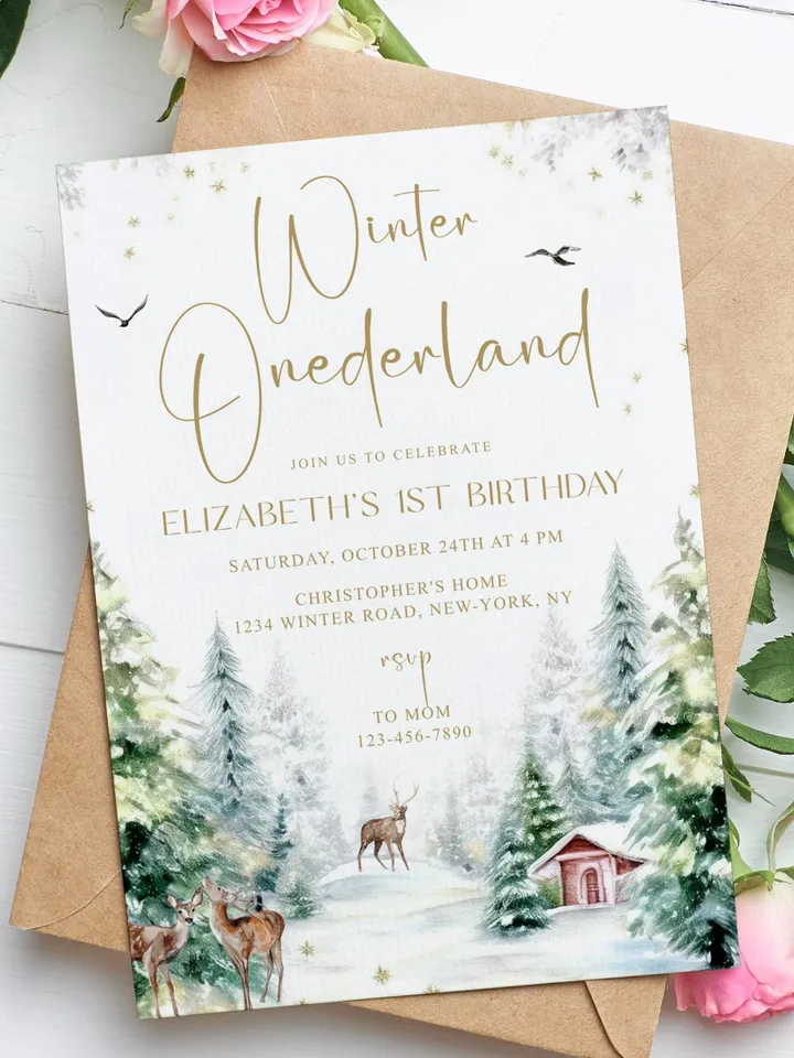 Winter Onederland 1st Birthday Invitation, Snow Woodland 1st Birthday Invite, Winter Onederland, Printable 1st Birthday Invitation - I128