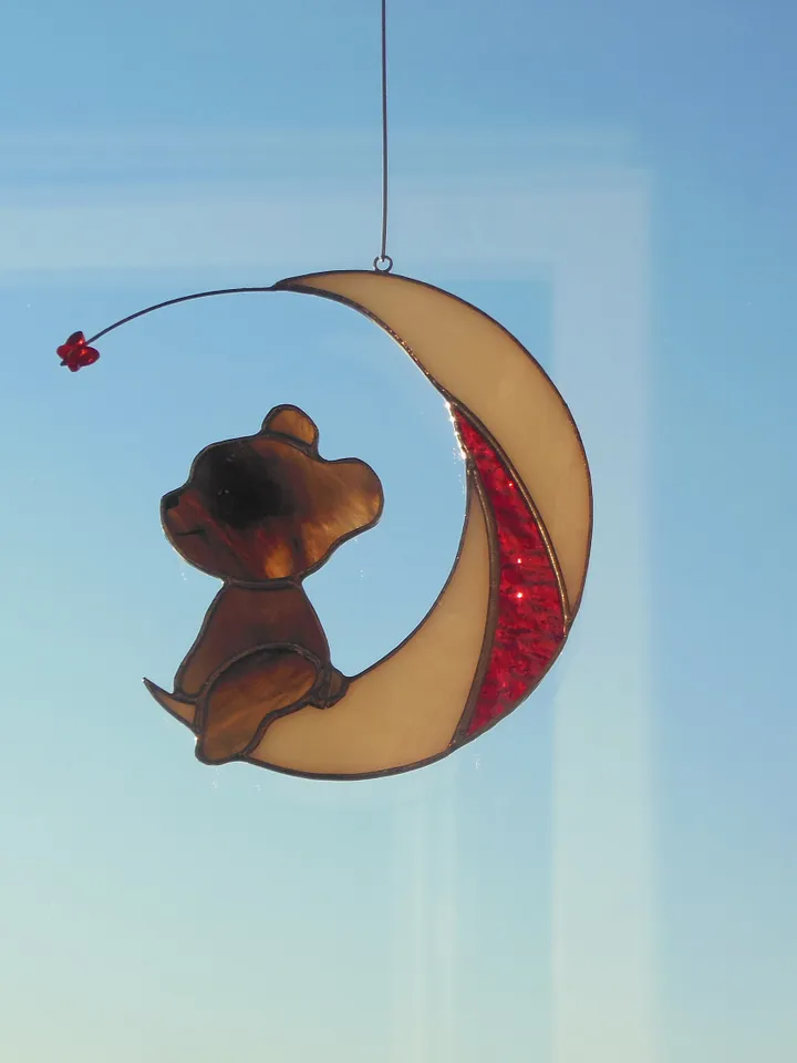 Bear on Moon with Butterfly . Swarovski Сrystal .  Stained glass window hanging Suncacher