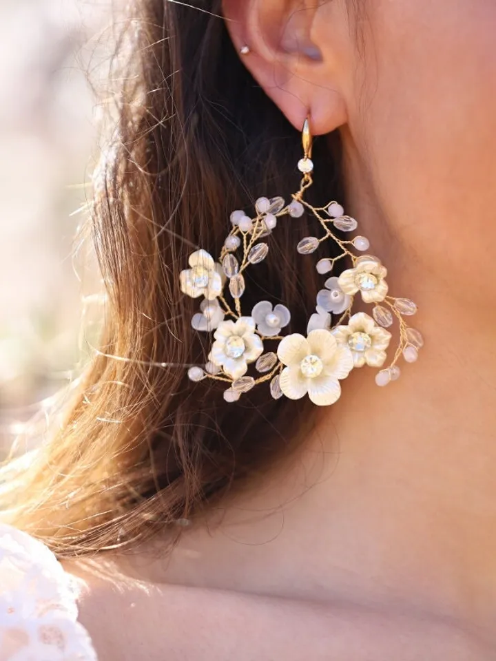 Porcelain Flowers Hoop Bridal Earrings, Champagne Gold Floral Wedding Jewelry, Statement Crystal Bridal Earrings, Statement Wedding Earrings