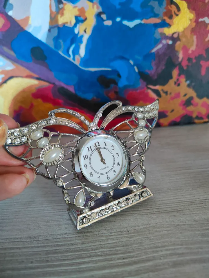 Miniature boudoir clocks,Vintage clock,quartz watch,Butterflyco style,metal watches,watches for collection,antique watch,clockwork hook