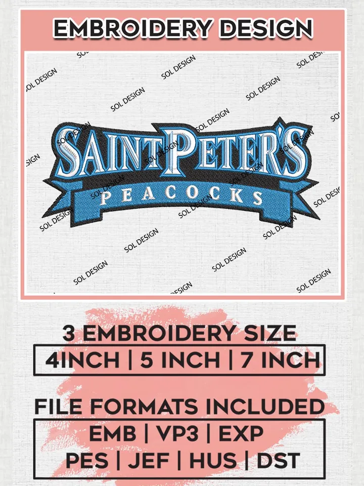 Saint Peters Peacocks Team Logo Embroidery Design Files, NCAA Saint Peters Peacocks Machine Embroidery, NCAA Teams, 3 sizes, NCAA Machine embroidery designs, Digital Download