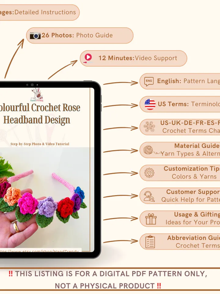 Colourful Crochet Rose Headband Design - Crochet Hair Bow Clip For Kids - Natural Headband Quick Pattern - Flower Baby Headbands