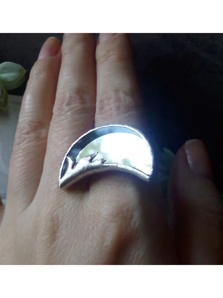 Mirror crescent ring, moon ring, stained glass ring, protection ring, Halloween ring, witchy aesthetic, soldered ring