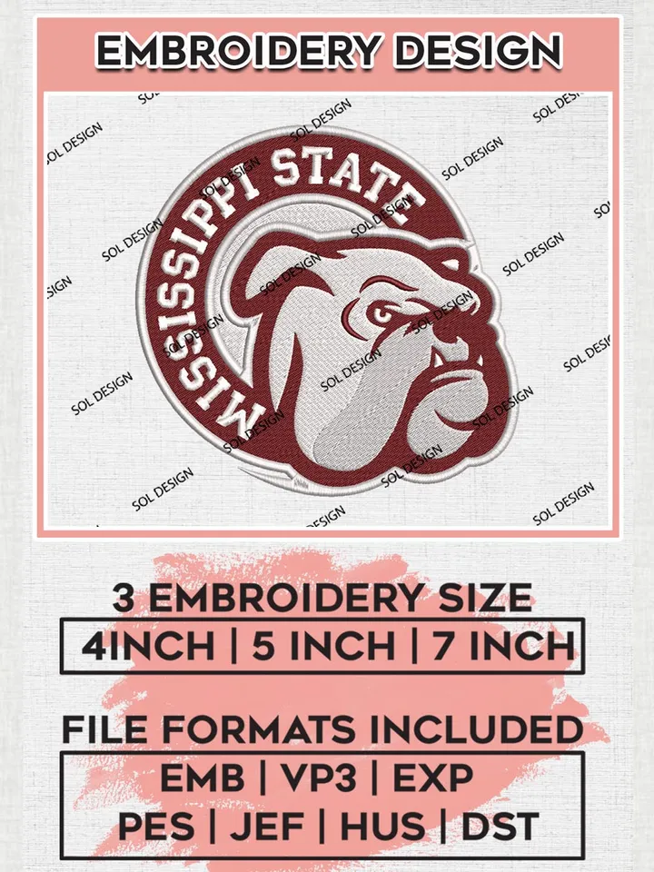 Mississippi State Team Mascot Logo Machine Embroidery Design, NCAA Mississippi State Bulldogs Team Design Design files, NCAA Team Embroidery Designs, NCAA Machine Embroidery Designs, Digital Download