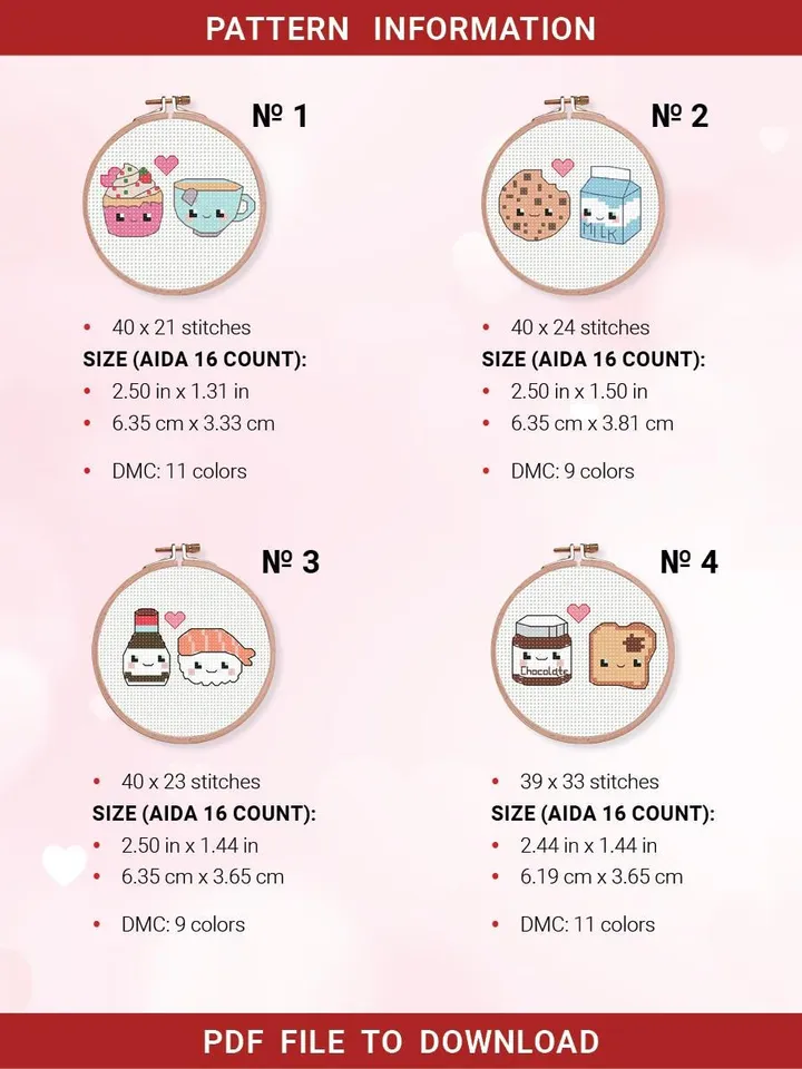 Bundle 4 Mini Couples Love Cross stitch patterns, Valentine's Day, beginner, Cupcake, Cookie, Sushi, Chocolate, DIY, embroidery, instant PDF