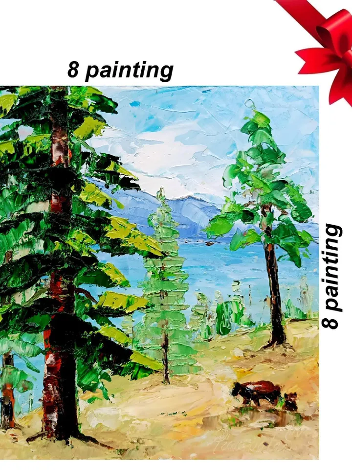 Lake Tahoe Painting Bears Art Sequoia Original Art National Park Impasto Oil Painting Small Impressionist Art Travel Gifts by ArtProkopaloSv