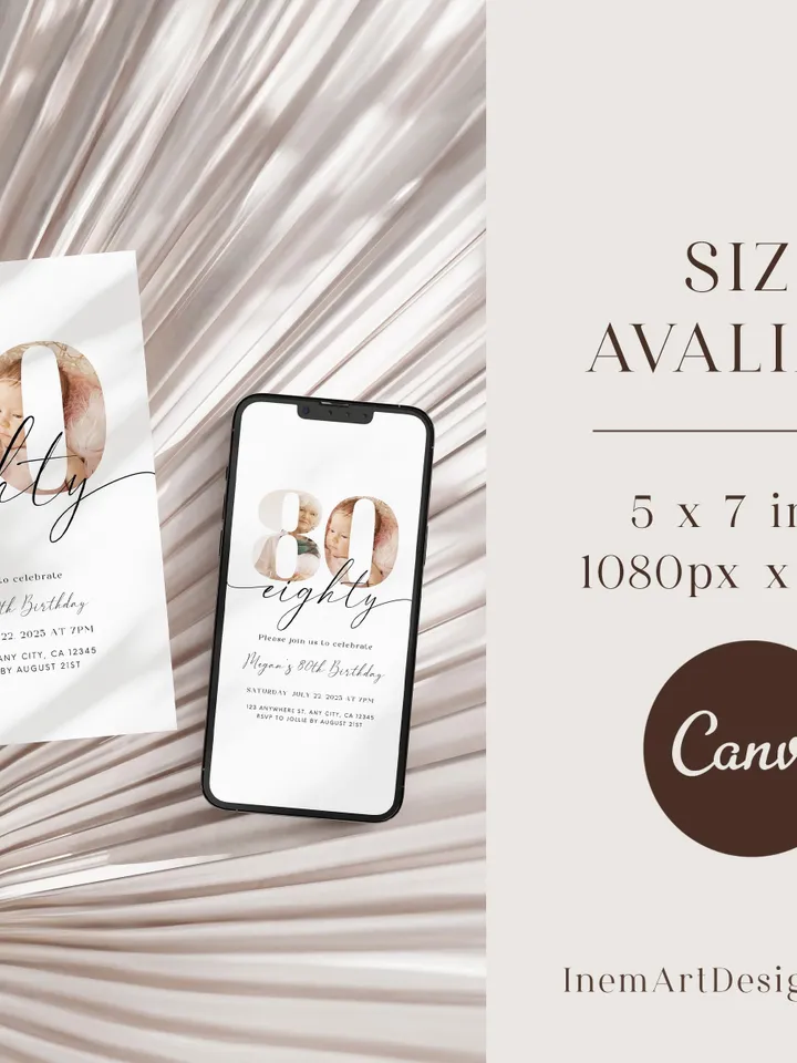 80th Birthday Invitation Template 80th Digital Invite Instant Download Eighty Year Old Minimalist Boho Eighteeth Birthday Printable Canva