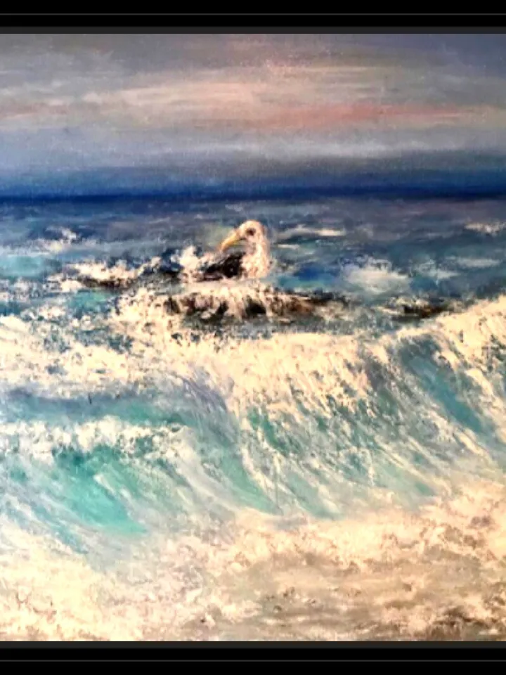 Seascape and a seagull oil painting hand made,waves,stones and a beach.Stretched canvas. Size 50/70 sm,27.5/19.6 inches.